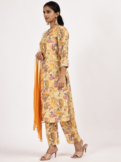 Yellow Floral Printed Kurta Set Ombre Dupatta