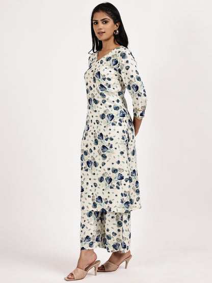 White & Blue Floral Printed Kurta with Pant