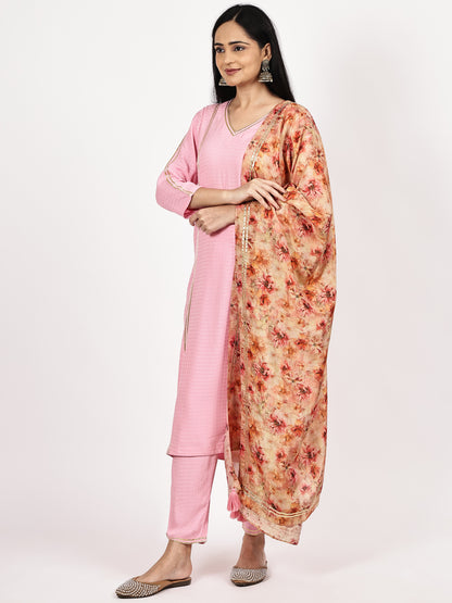 Pink Textured Kurta Set with Floral Dupatta
