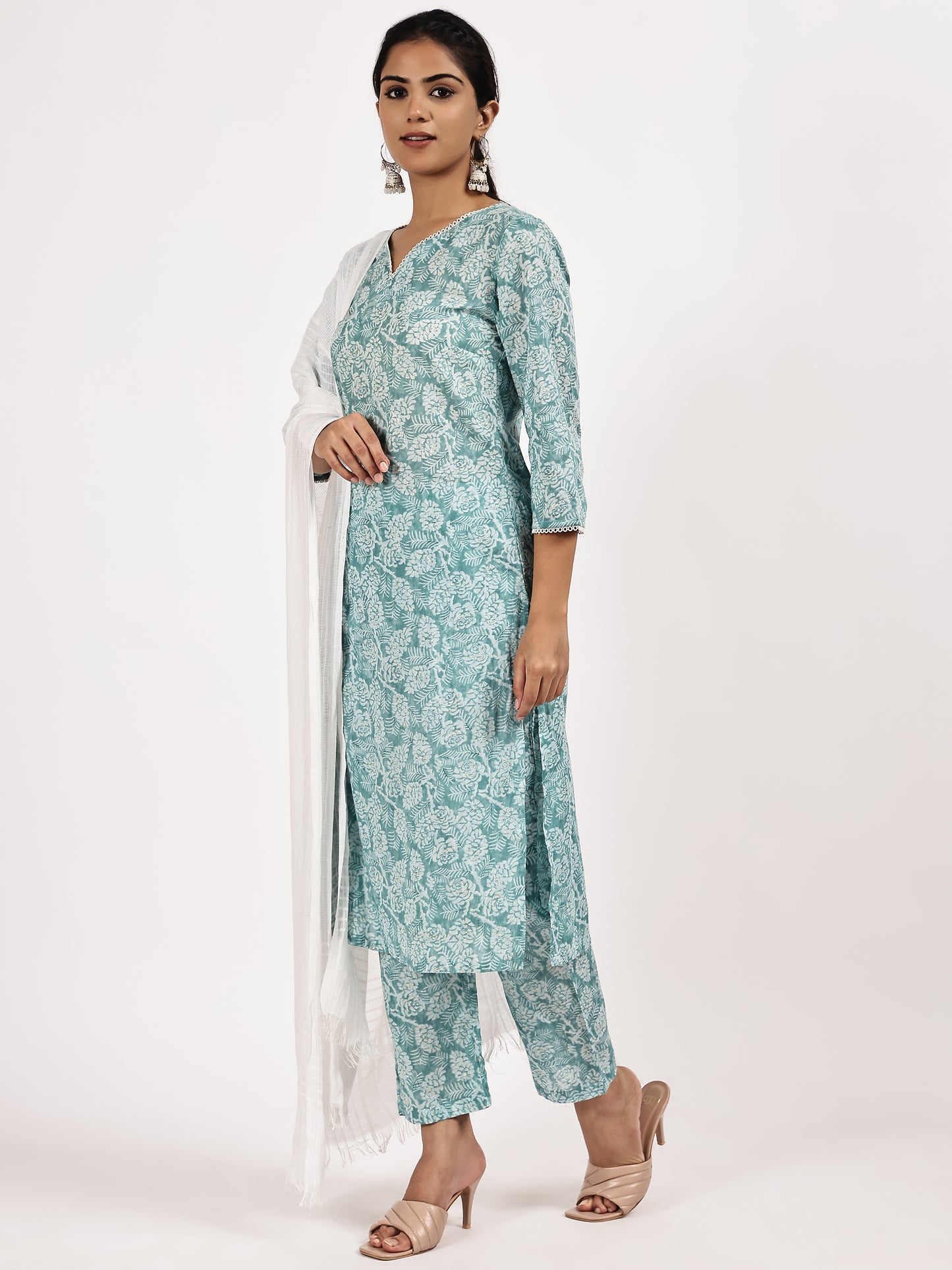 Aqua blue printed kurta set with White dupatta