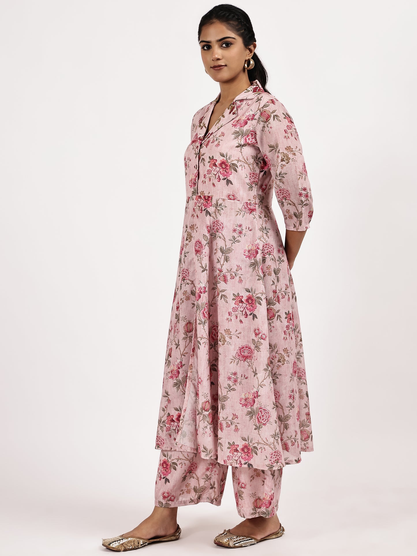 pink floral print kurta with palazzo