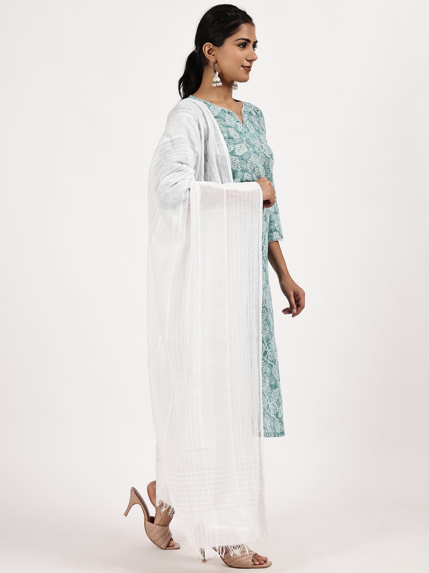 Aqua blue printed kurta set with White dupatta