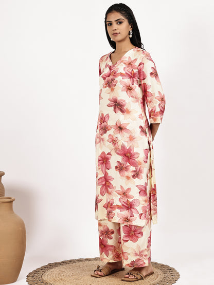 Cream Pink Floral Printed Kurta with Palazzo