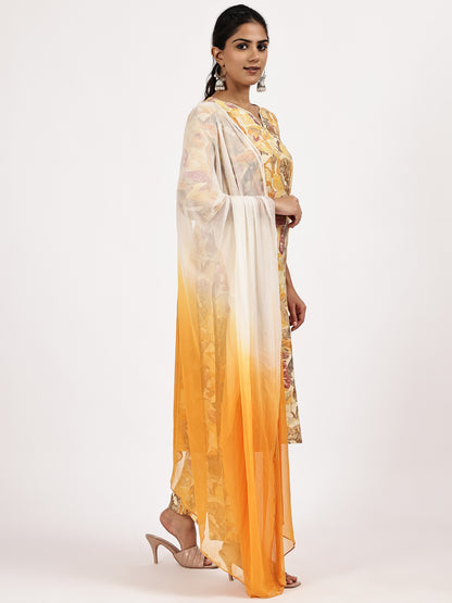 Yellow Floral Printed Kurta Set Ombre Dupatta