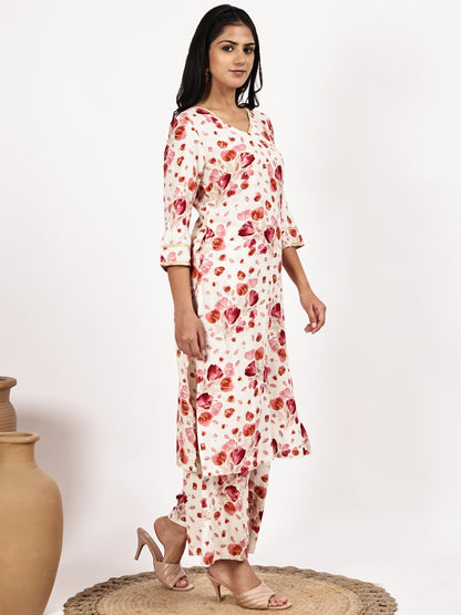 white Red Floral Print Kurta with Palazzo Set
