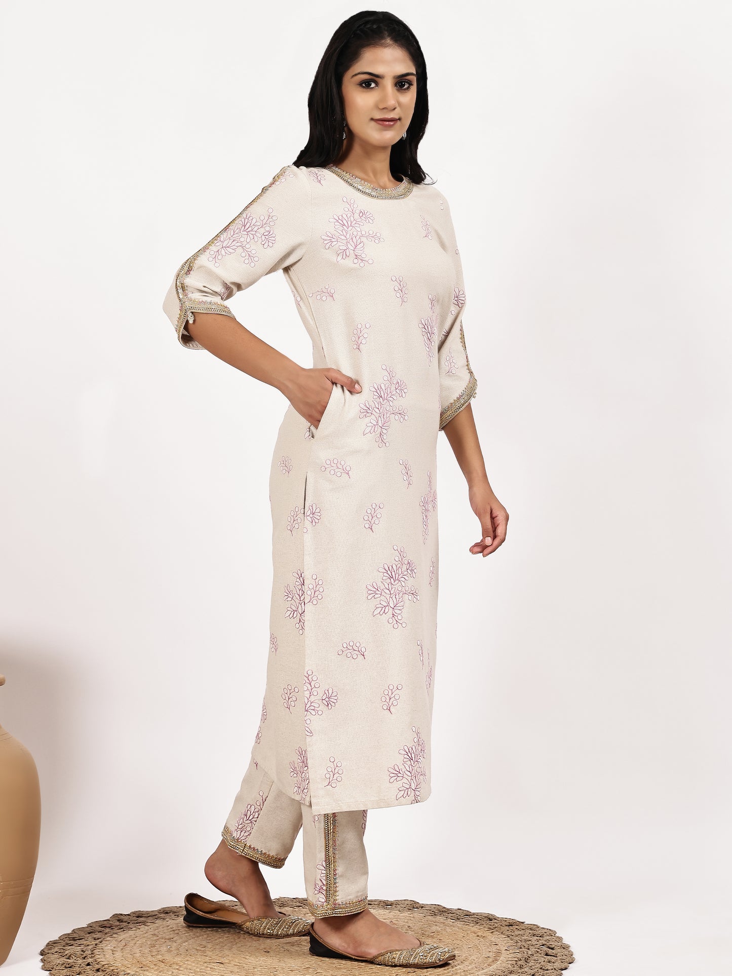 Off-White Embroidered Kurta  with pant