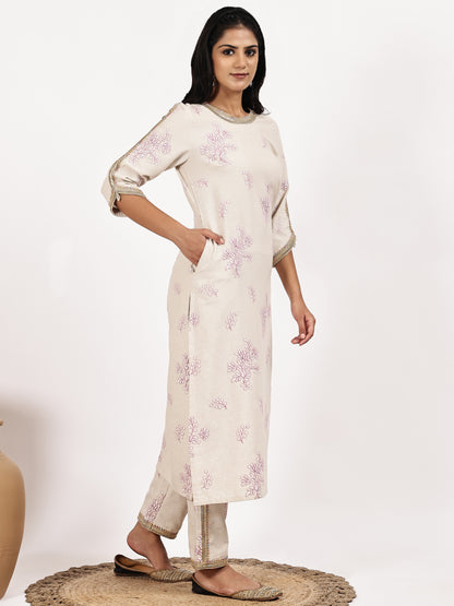 Off-White Embroidered Kurta  with pant