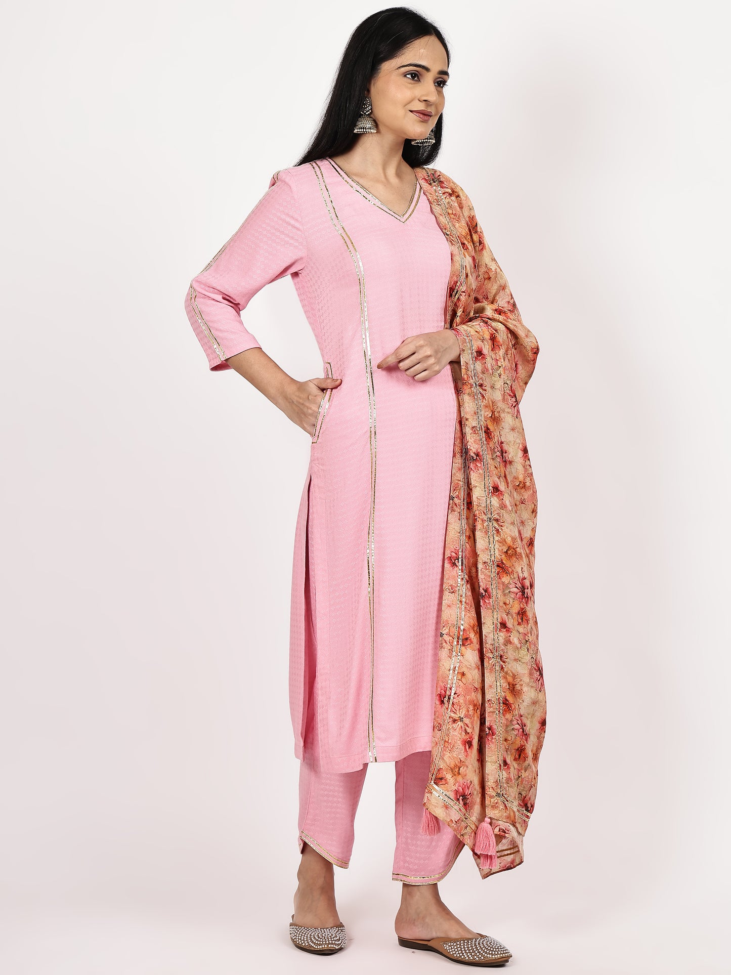 Pink Textured Kurta Set with Floral Dupatta