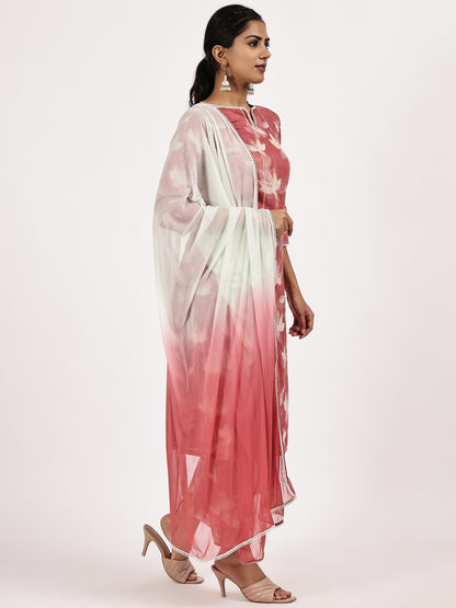 Pink Floral printed kurta set with Ombre dupatta