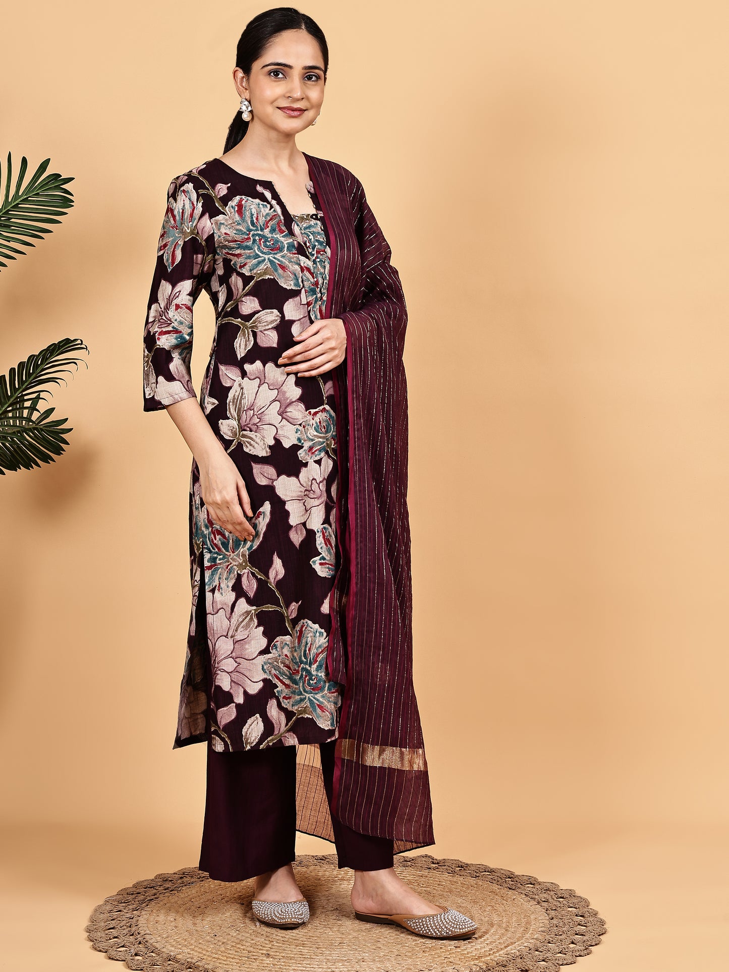 Maroon Floral Printed Kurta Set with Dupatta