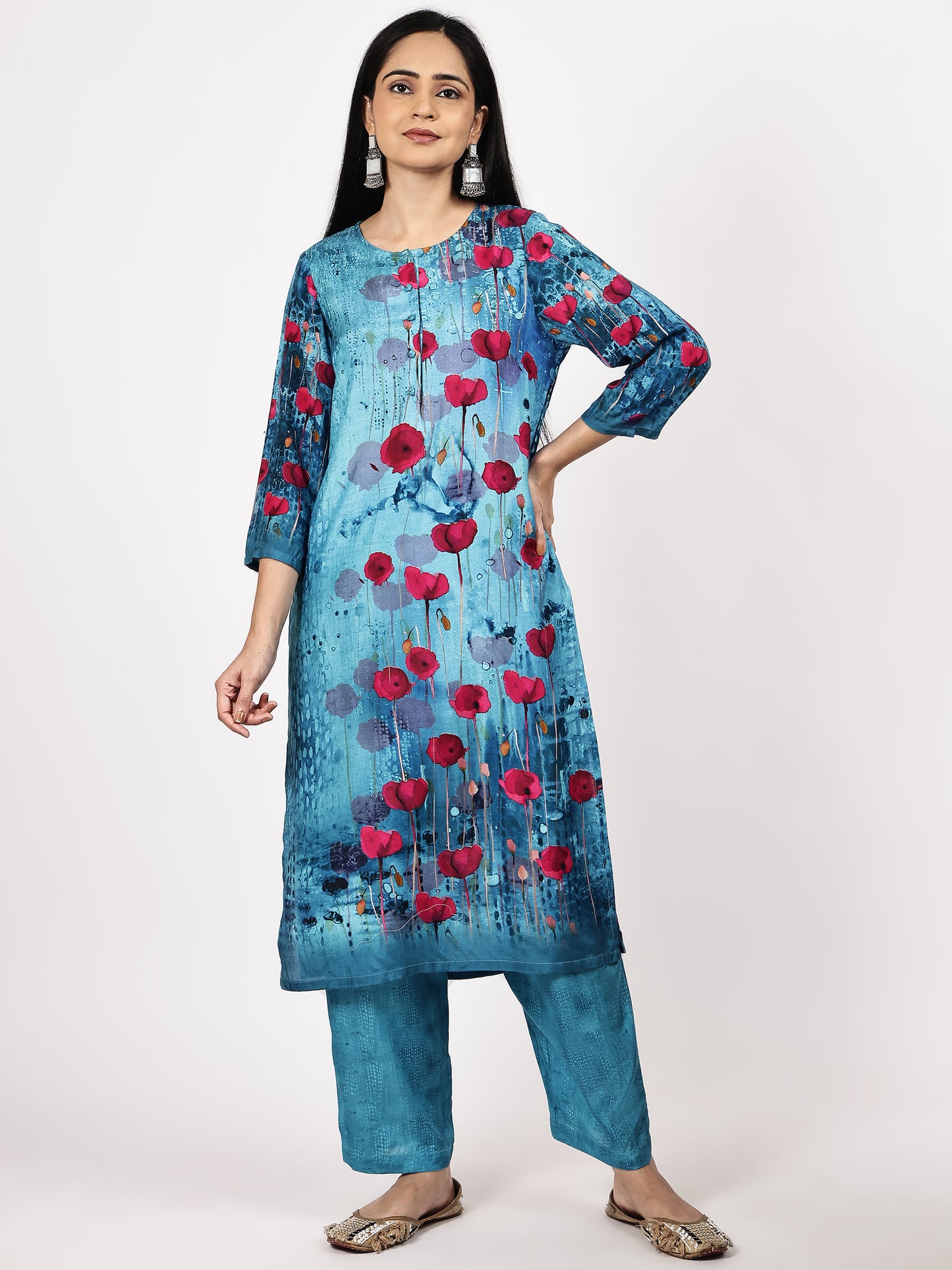 Turquoise Floral Printed Kurta Set with Dupatta