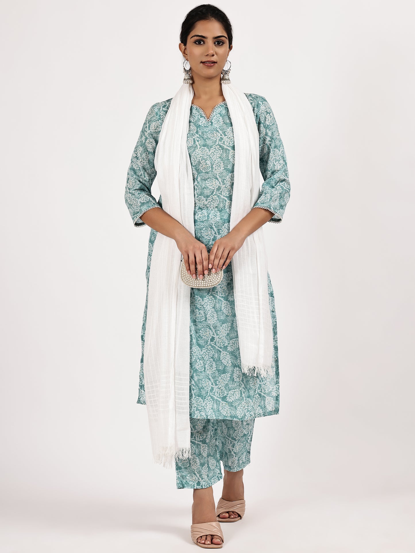 Aqua blue printed kurta set with White dupatta