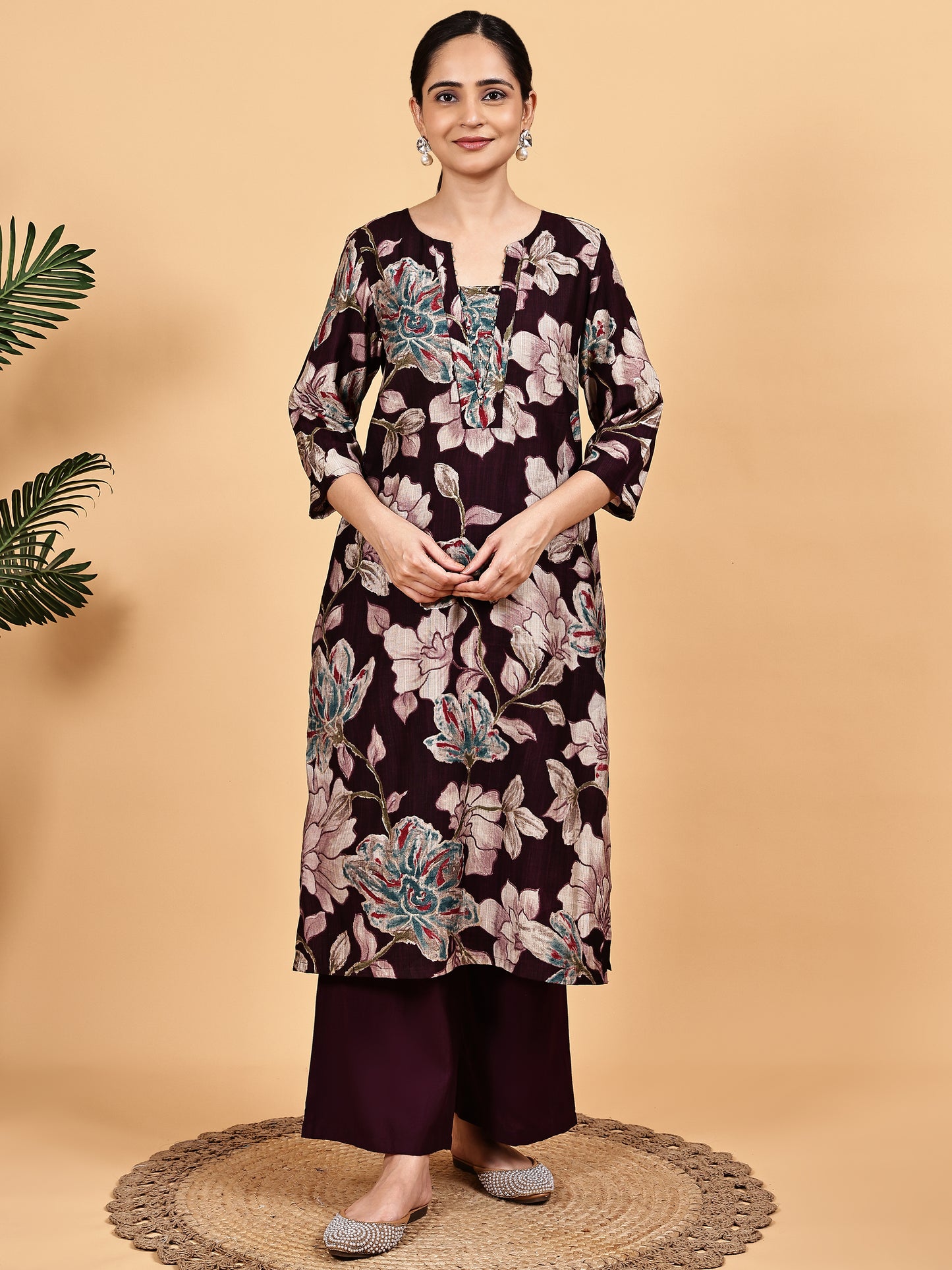 Maroon Floral Printed Kurta Set with Dupatta