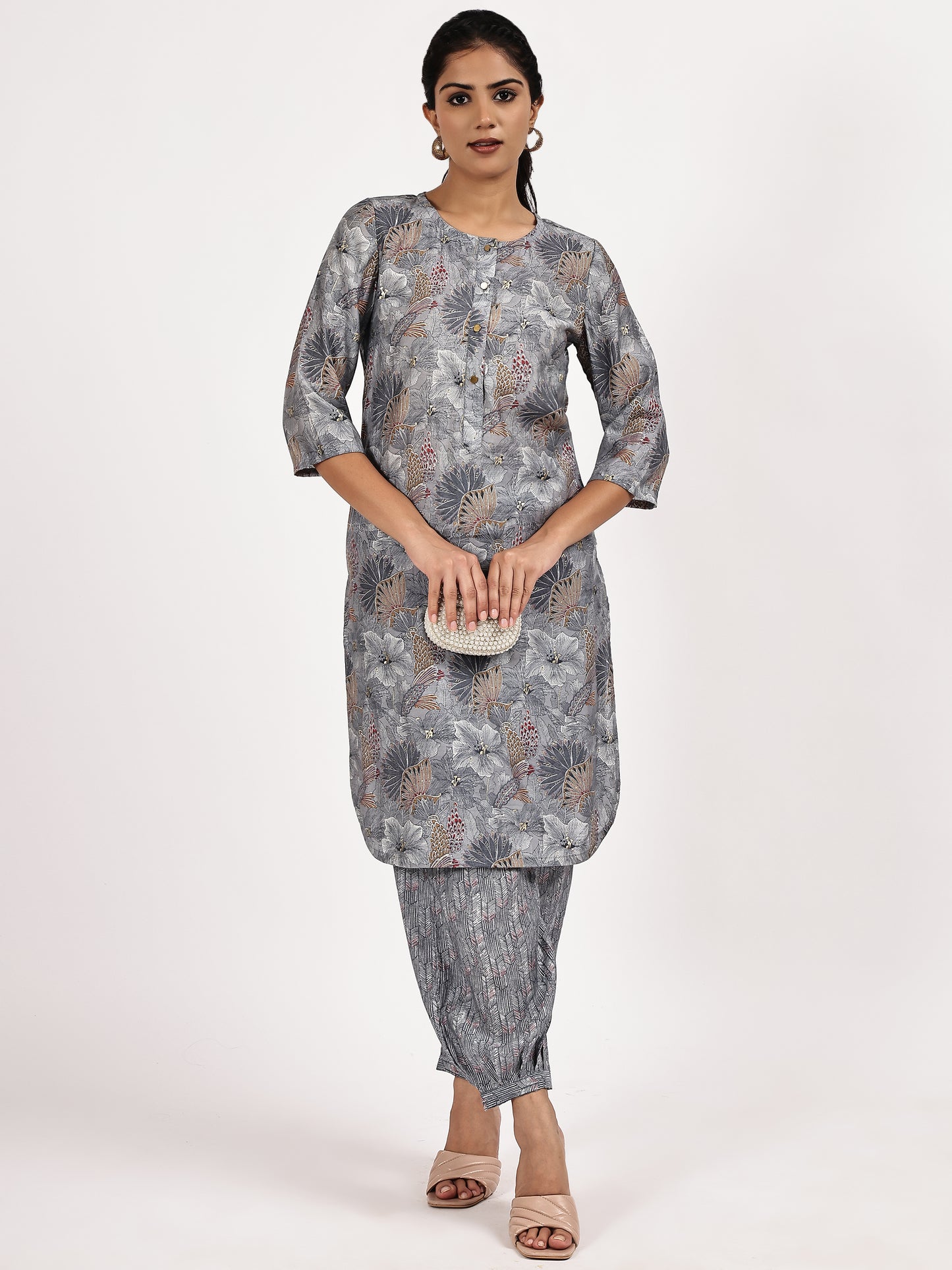 Grey Casual Printed Kurta with afghani salwar