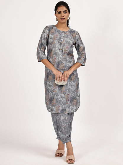 Grey Casual Printed Kurta with afghani salwar