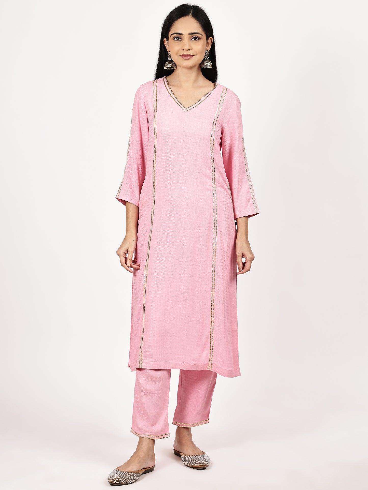 Pink Textured Kurta Set with Floral Dupatta