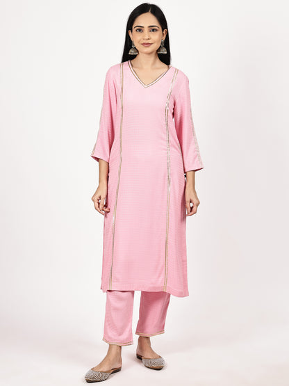 Pink Textured Kurta Set with Floral Dupatta