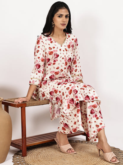white Red Floral Print Kurta with Palazzo Set