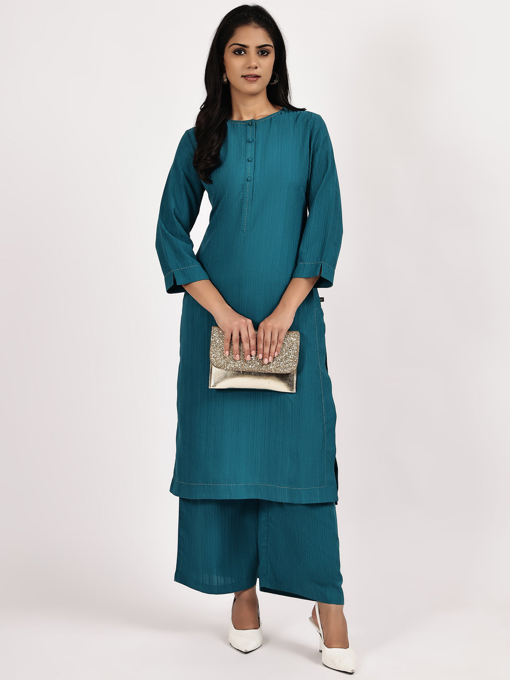 Teal Blue Solid Kurta with palazzo