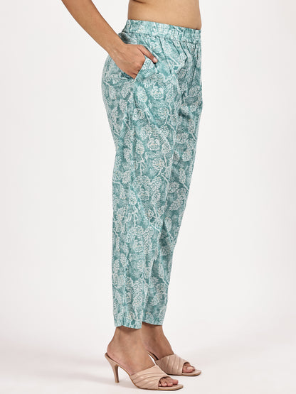 Aqua blue printed kurta set with White dupatta