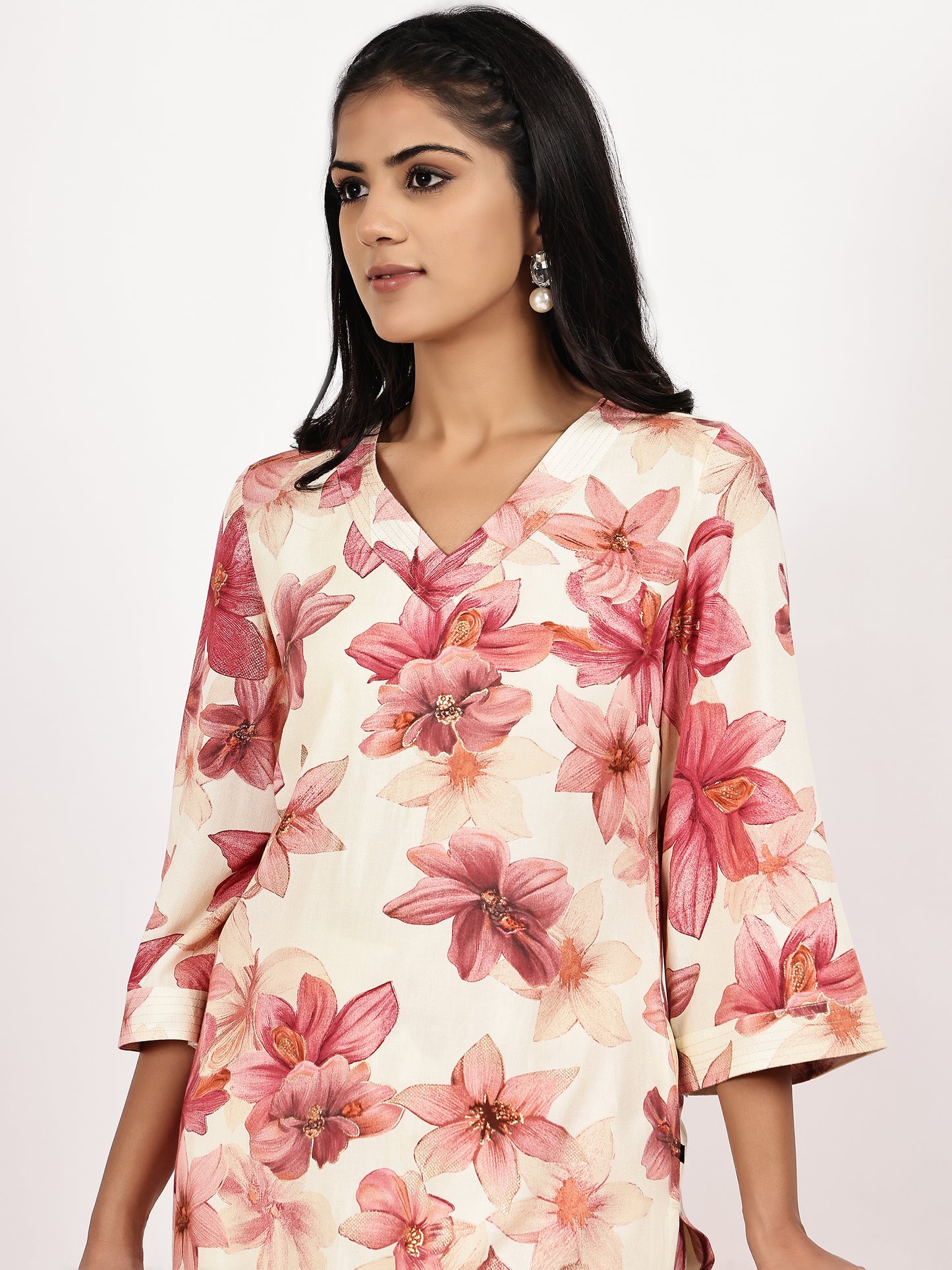 Cream Pink Floral Printed Kurta with Palazzo