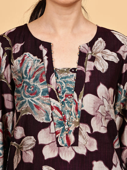 Maroon Floral Printed Kurta Set with Dupatta