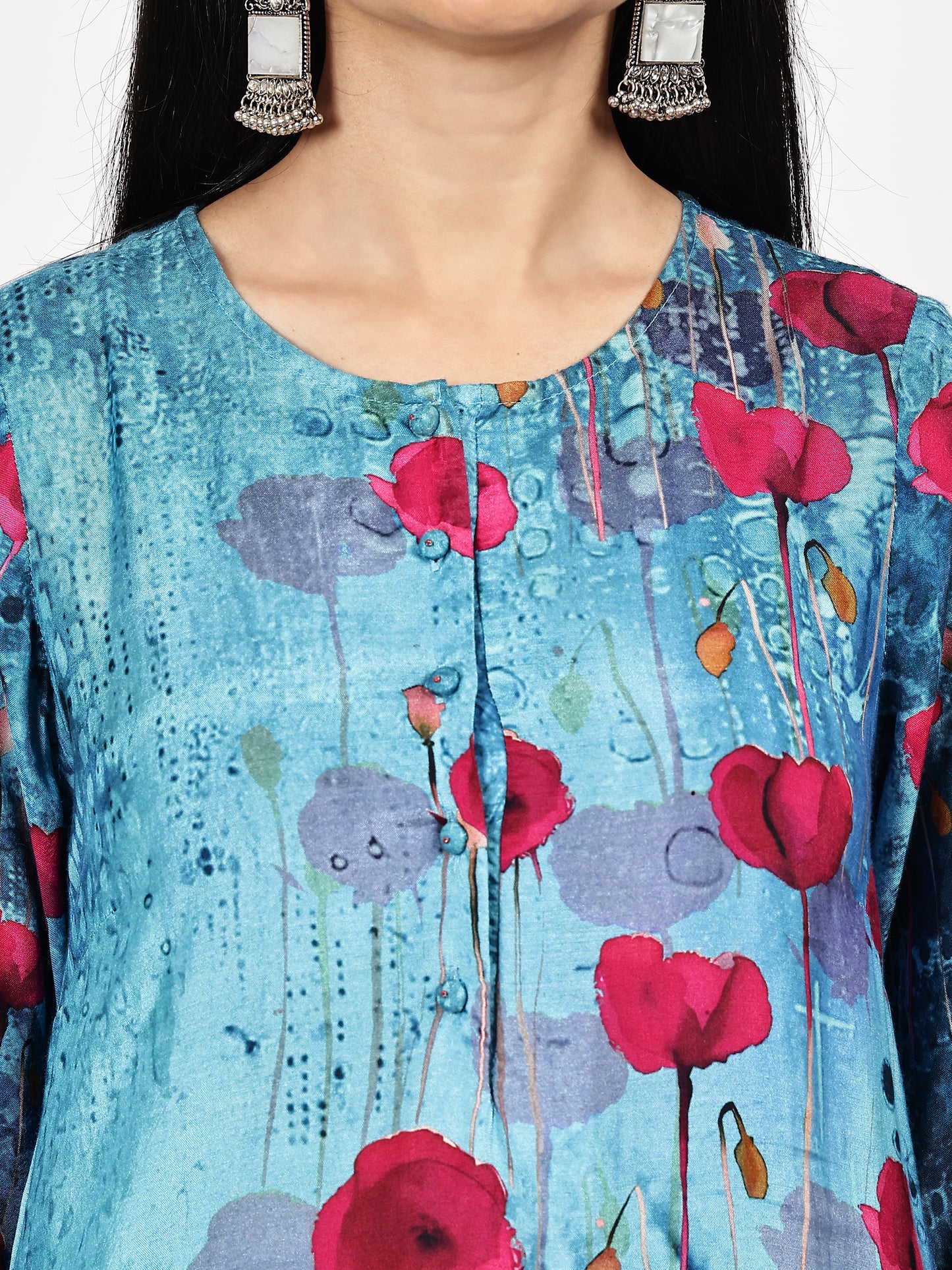 Turquoise Floral Printed Kurta Set with Dupatta