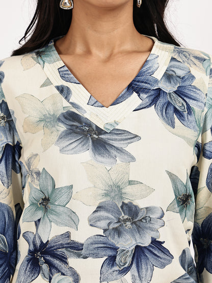 off white Blue Floral Print Kurta with palazzo