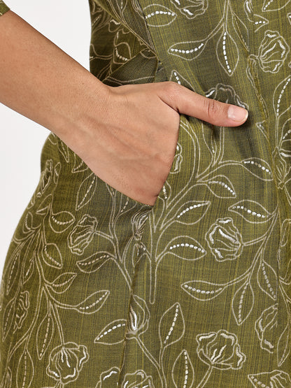 Printed Mehandi Green kurta set with dupatta