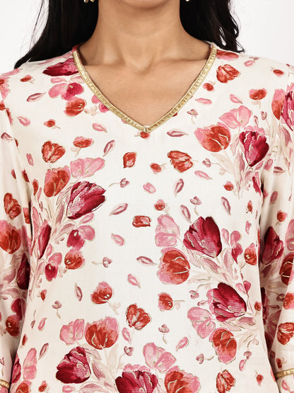white Red Floral Print Kurta with Palazzo Set