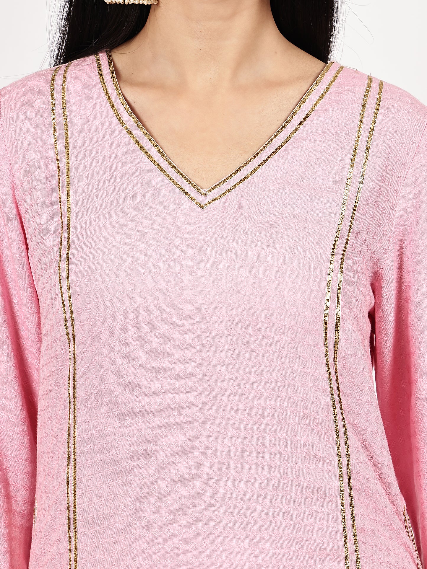 Pink Textured Kurta Set with Floral Dupatta