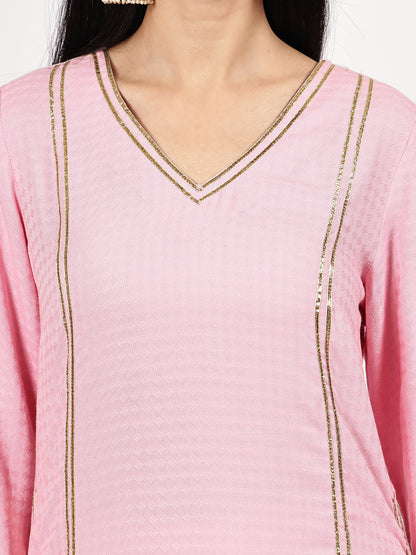 Pink Textured Kurta Set with Floral Dupatta