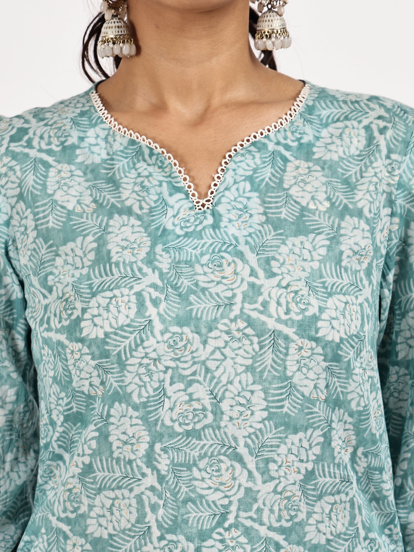 Aqua blue printed kurta set with White dupatta