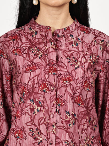 Maroon Printed Kurta Set with Chiffon Dupatta