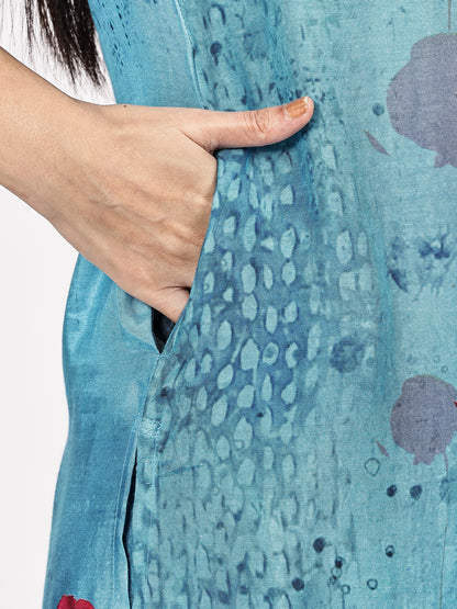 Turquoise Floral Printed Kurta Set with Dupatta