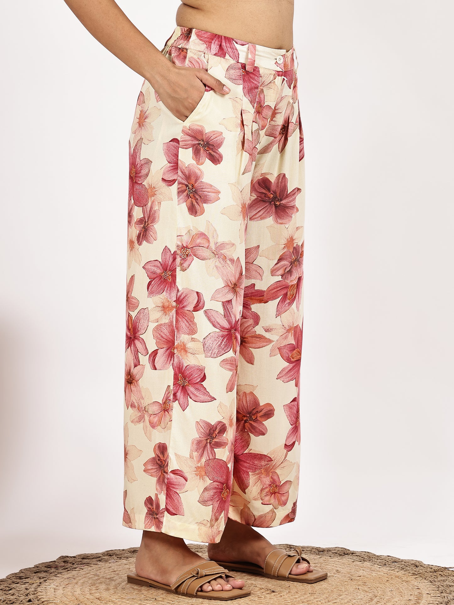 Cream Pink Floral Printed Kurta with Palazzo