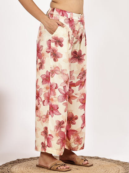 Cream Pink Floral Printed Kurta with Palazzo