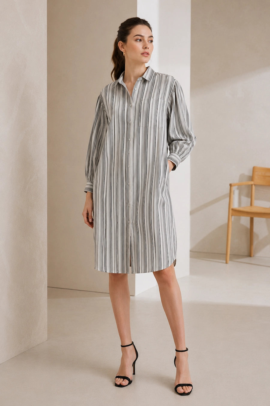 Women Grey Striped Shirt Dress | Casual Western Midi Dress with Puff Sleeves