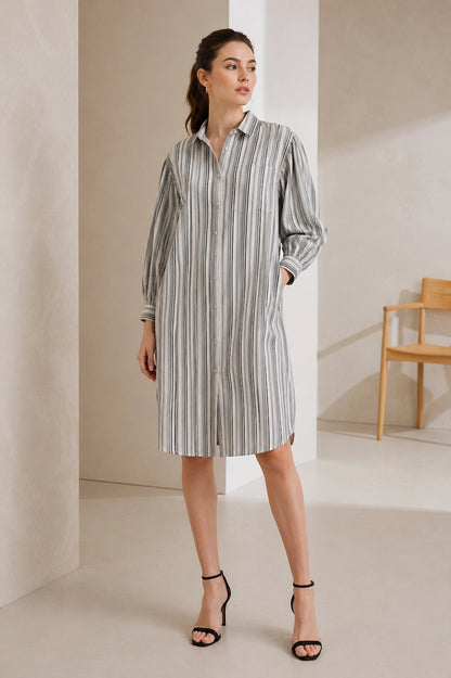 Women Grey Striped Shirt Dress | Casual Western Midi Dress with Puff Sleeves