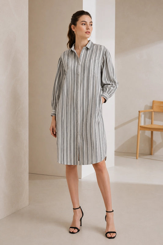 Women Grey Striped Shirt Dress | Casual Western Midi Dress with Puff Sleeves