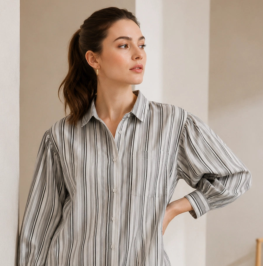 Women Grey Striped Shirt Dress | Casual Western Midi Dress with Puff Sleeves