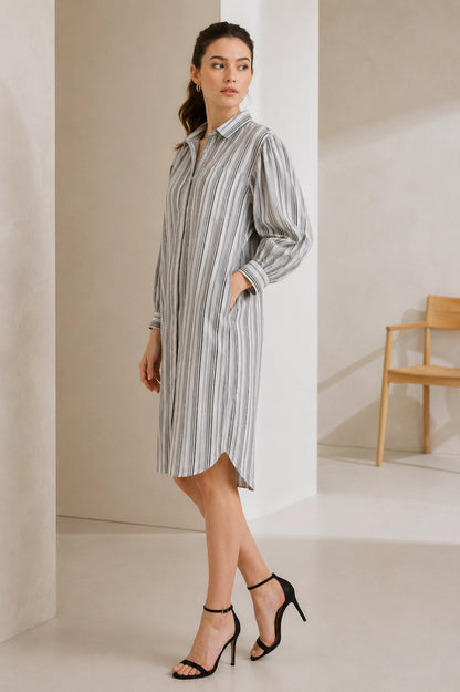 Women Grey Striped Shirt Dress | Casual Western Midi Dress with Puff Sleeves