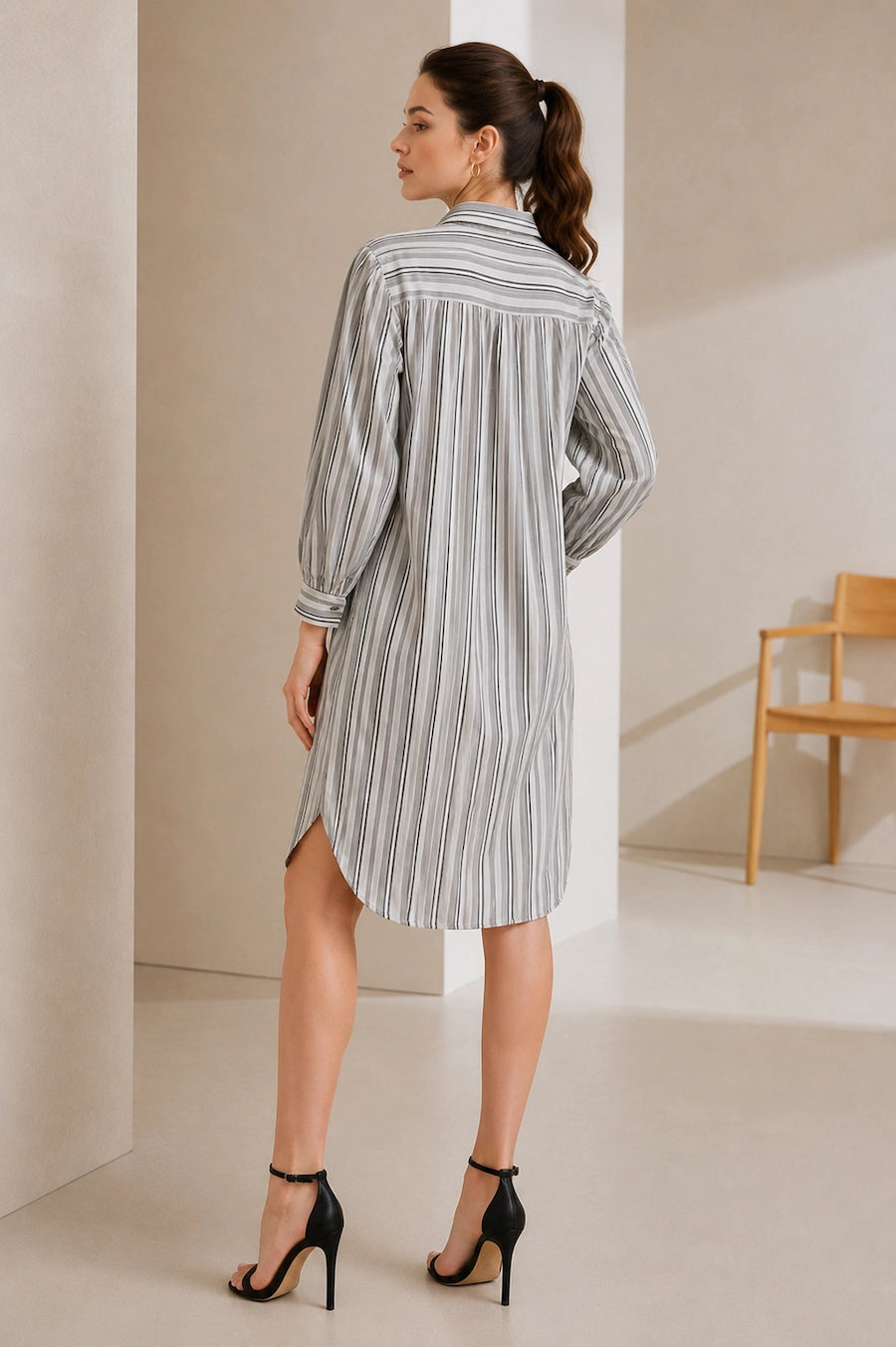 Women Grey Striped Shirt Dress | Casual Western Midi Dress with Puff Sleeves