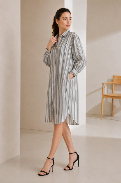 Women Grey Striped Shirt Dress | Casual Western Midi Dress with Puff Sleeves
