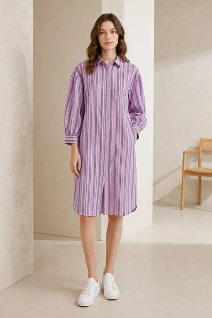 Women Lavender Striped Shirt Dress | Casual Midi Western Dress with Puff Sleeves