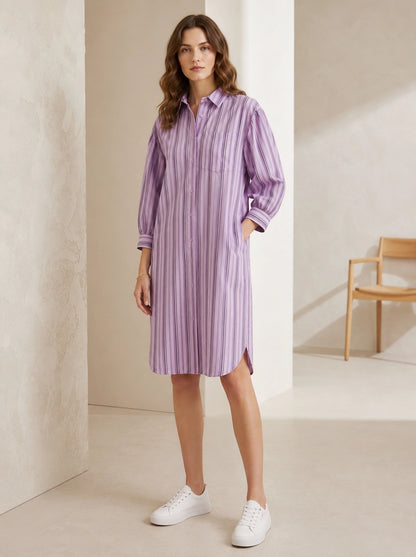 Women Lavender Striped Shirt Dress | Casual Midi Western Dress with Puff Sleeves