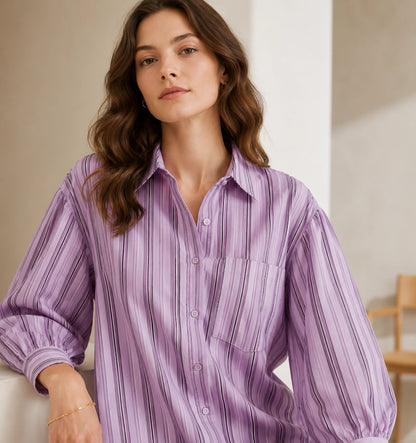 Women Lavender Striped Shirt Dress | Casual Midi Western Dress with Puff Sleeves