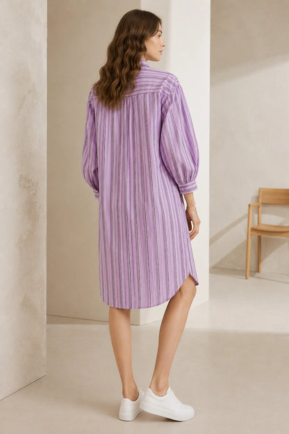 Women Lavender Striped Shirt Dress | Casual Midi Western Dress with Puff Sleeves