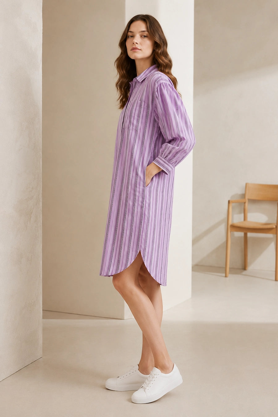 Women Lavender Striped Shirt Dress | Casual Midi Western Dress with Puff Sleeves