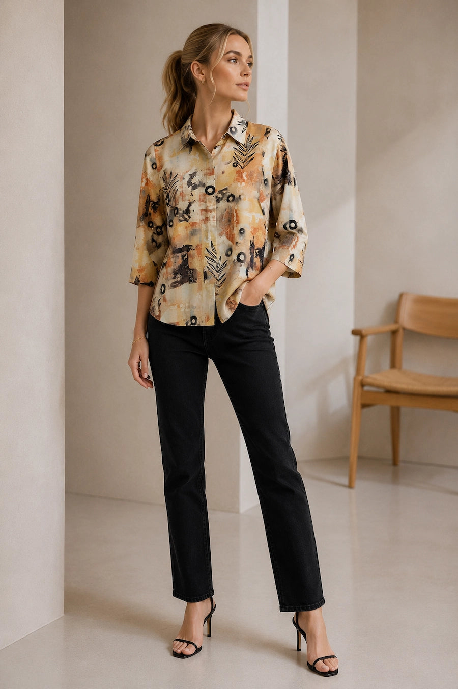 WomenBeige  Abstract Printed Casual Shirt Top